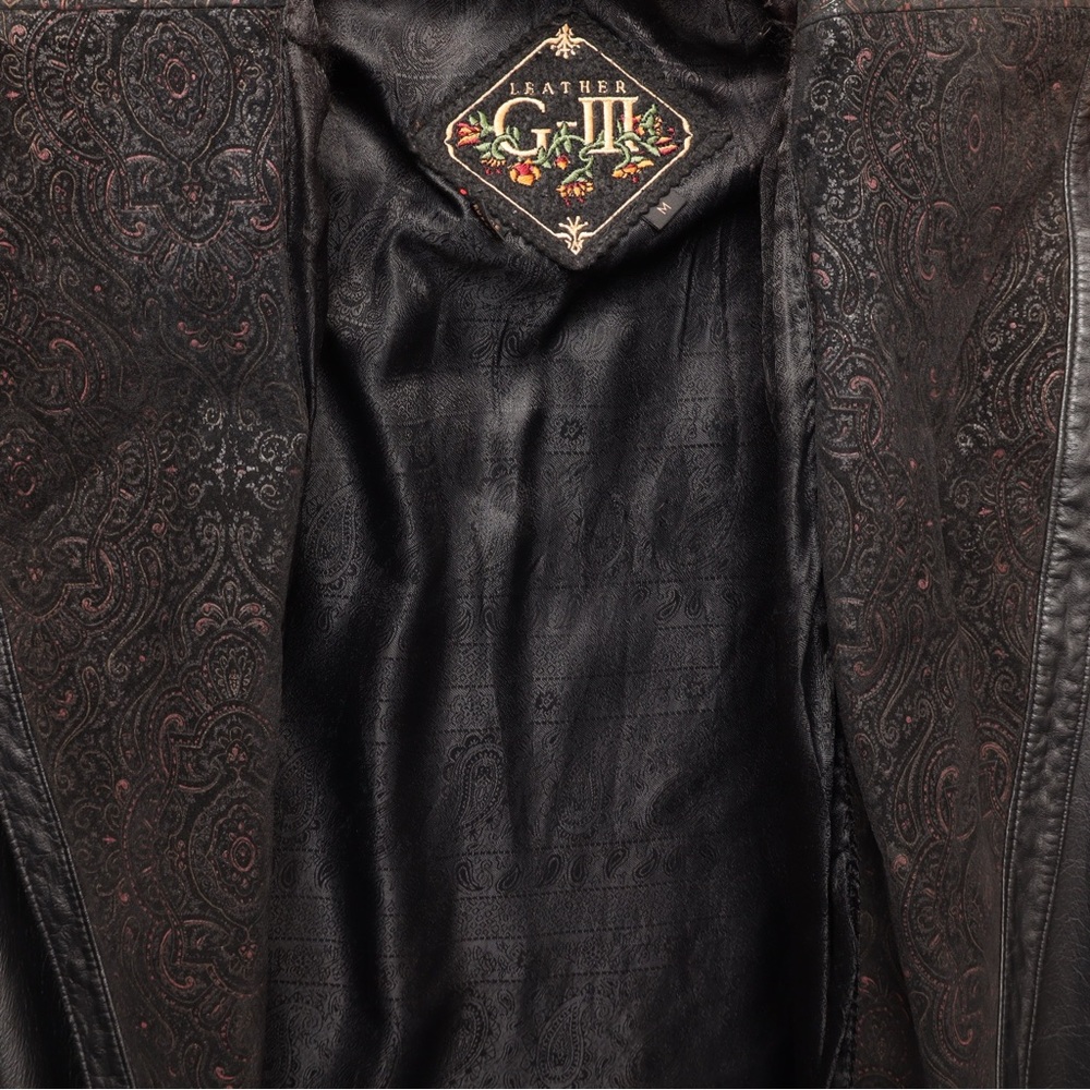 GIII Leather Maxi Trench Coat Womens Black Paisley Collar Statement Outerwear - Picture 10 of 12
